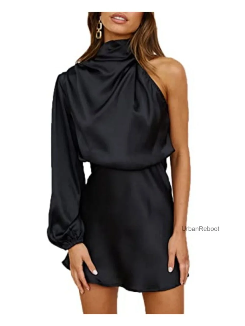 Satin One Shoulder Long Sleeve High Neck Cocktail Mini Dress